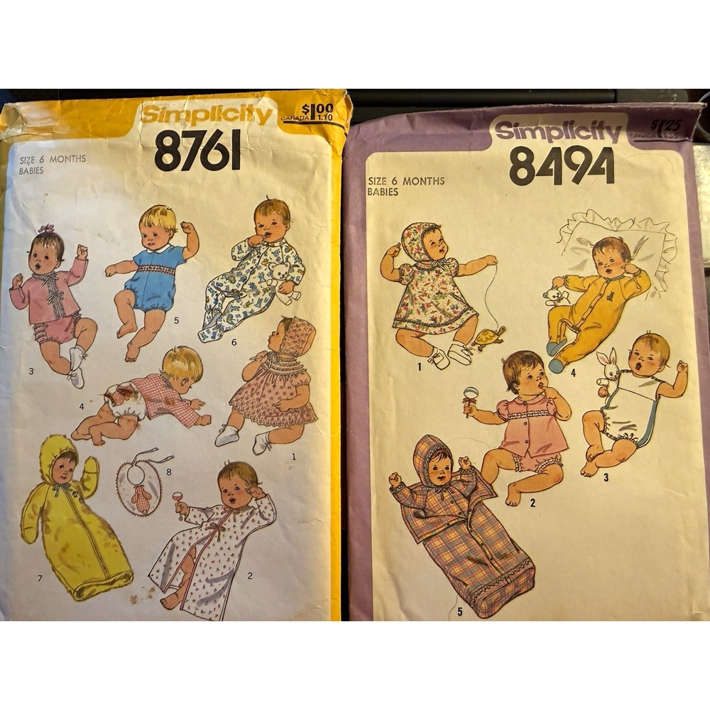 Simplicity Vintage Original Babies Layette Sewing Patterns 8761 & 8494 6M